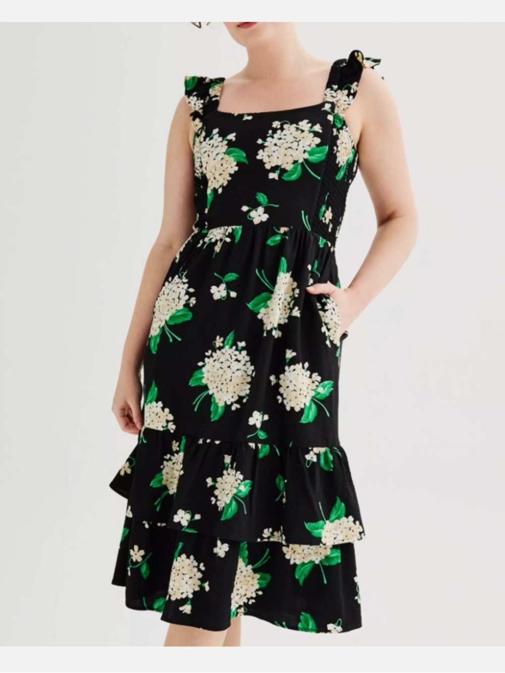 NWOT DRAPER JAMES Black Hydrangea Print Tiered Dress with Ruffle Straps